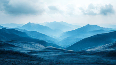 Serene view of rolling mountains enveloped in a gentle blue light, showing the tranquility of nature at dawn. The landscape offers a peaceful escape into the wilderness.の素材