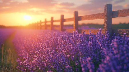 Lavender blossoms create vibrant purple waves across the landscape, with gentle hill contours fading into a misty background during sunset.の素材