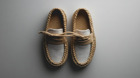 White slip-on shoes rest on a light-colored textured wall under a bright blue sky, showcasing a minimalist and modern design perfect for casual outfits.の素材