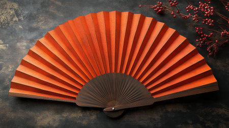 A striking red folding fan is elegantly spread open against a rich red backdrop, showing its intricate design and smooth lines, creating a bold visual impact.の素材