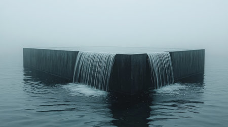 A square structure with smooth edges sits in water, surrounded by thick fog. Water flows from its top edge, creating a peaceful atmosphere that envelops the area.の素材