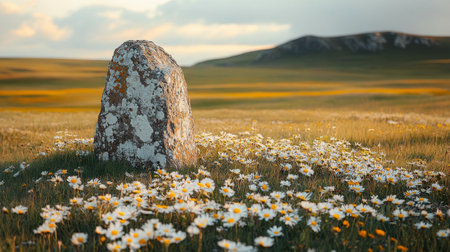 A tall standing stone emerges from a field of bright orange wildflowers, surrounded by lush green grass under a soft mist. The atmosphere feels tranquil and serene.の素材
