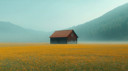An old stone structure stands alone in a vast golden field, enveloped in thick fog during early morning. The serene landscape creates a captivating atmosphere of mystery.の素材