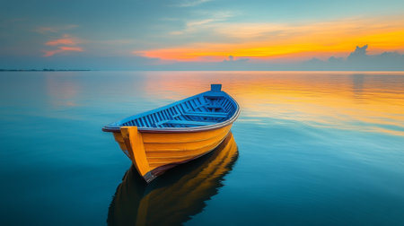 A striking orange boat floats in a tranquil lake shrouded in mist. The stillness of the water reflects the boat's vibrant color, enhancing the serene atmosphere.の素材