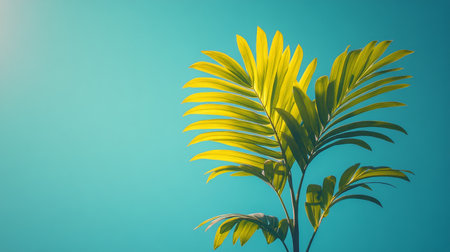 Lush palm fronds stretch upwards against a vibrant blue sky, illuminated by sunlight. This tropical scene evokes a sense of warmth and tranquility.の素材