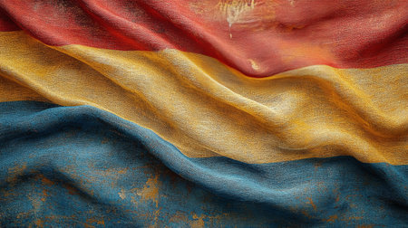 A colorful German flag flutters in the breeze, showing red, black, and yellow stripes. The fabric appears textured, reflecting sunlight during a festive gathering.の素材