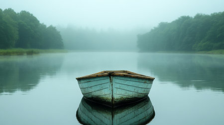 A small wooden boat rests quietly on a misty lake during early morning. Surrounding trees reflect softly in the still water, creating a tranquil atmosphere.の素材