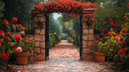 Rain-soaked stones form a pathway through a lush garden, bordered by potted flowers, leading toward a mysterious archway shrouded in mist.の素材
