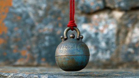 A decorative brass bell is tied with an orange string, resting on a soft, textured fabric surface. The item reflects a warm aesthetic and hints at cultural significance.の素材