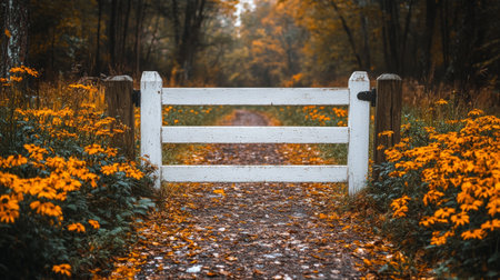 A charming white garden gate is surrounded by vibrant red flowers in full bloom, creating a picturesque setting. This springtime scene showcases the beauty of nature and gardening.の素材