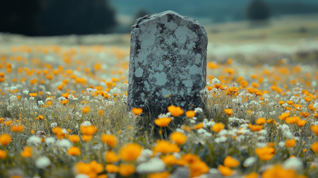 A tall standing stone emerges from a field of bright orange wildflowers, surrounded by lush green grass under a soft mist. The atmosphere feels tranquil and serene.の素材