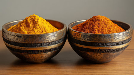 Four shiny bowls filled with vibrant spices are positioned on a bright kitchen countertop, illuminated by natural sunlight streaming through a window.の素材