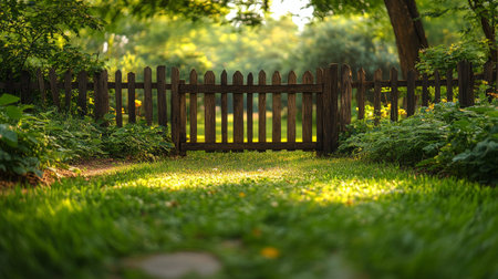 A wooden gate leads into a vibrant garden filled with colorful flowers. The archway is framed by lush greenery, inviting visitors into this serene outdoor space.の素材