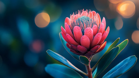 A vibrant pink flower rises from dark stones, illuminated by soft, warm hues in the background, creating a tranquil and enchanting atmosphere during the evening.の素材