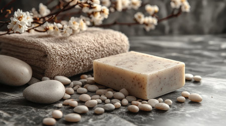 A delicate features composition a bar of natural soap surrounded by white stones and blooming flowers, with a gentle candle glow in the background, creating a serene atmosphere.の素材