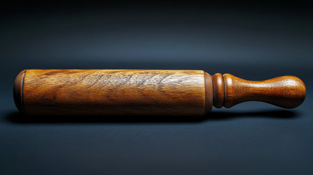 A rolling pin dusted with flour rests on a wooden table surrounded by fresh pasta, herbs, and ingredients in a warm kitchen atmosphere.の素材