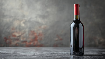 A striking red wine bottle stands upright on a smooth, dark surface, illuminated by soft lighting, enhancing its sleek design and rich color against a neutral backdrop.の素材