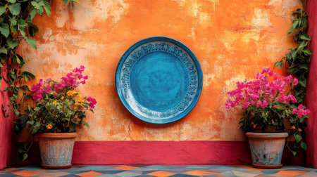A beautifully decorated ceramic plate featuring floral patterns rests against a vibrant wall. Surrounding it are various potted plants, adding life and color to the rustic atmosphere.の素材