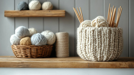 Knitting supplies arranged neatly in a light space. A basket filled with soft yarn sits next to a bowl of knitting needles showing a creative hobby.の素材