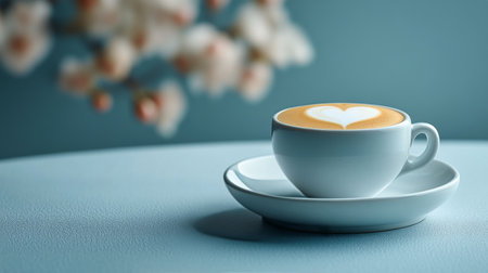 A white coffee cup filled with dark coffee displays intricate heart-shaped latte art on a clean, minimalist table. The soft lighting highlights the elegance of the beverage.の素材