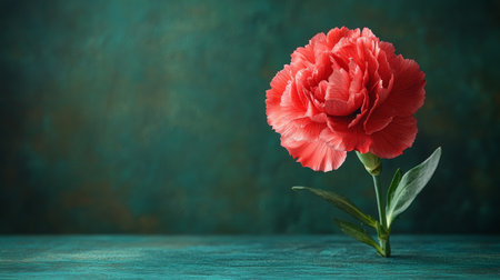 A vibrant orange carnation lies gracefully on a mottled surface, highlighting its intricate petals and rich color. The flower's stem is partially visible, adding to its charm.の素材