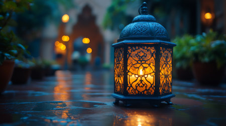 A vintage lantern shines brightly in a serene outdoor environment, casting a warm glow as twilight approaches. The flickering candle inside creates a peaceful ambiance.の素材