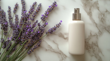 A bottle of lavender-scented lotion sits next to a cluster of fresh lavender flowers on a marble countertop. Soft natural light enhances the soothing ambiance of the setting.の素材