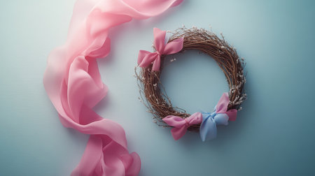 A handcrafted wreath made of twigs features pastel ribbons tied in bows, resting on a soft blue background, perfect for spring decorations or celebrations.の素材