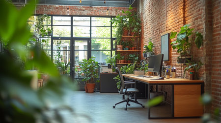 Spacious office showcases sleek wooden desks, ergonomic chairs, and lush indoor plants, creating a vibrant work environment filled with natural light and greenery.の素材