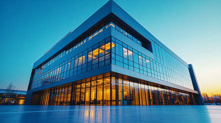 A contemporary building features multiple layers and expansive glass windows, surrounded by bright orange trees during autumn, under a clear blue sky.の素材