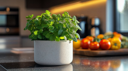 A vibrant pot of mint sits on a sleek kitchen countertop, illuminated by natural light. Fresh vegetables in various colors are arranged neatly nearby, enhancing the warm atmosphere.の素材