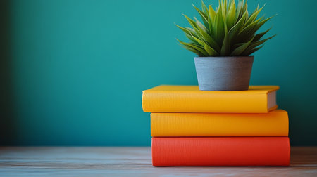 Three brightly colored books are stacked on a wooden surface, topped with a potted green plant. The backdrop is a vibrant teal that adds energy to the arrangement.の素材
