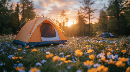 A spacious tent is set up in a meadow adorned with wildflowers, surrounded by mountains. Sunlight filters through trees, creating a tranquil atmosphere in the early evening.の素材