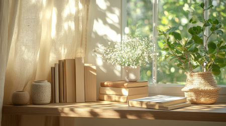 Sunlight streams through large windows in a serene home office. A wooden desk sits surrounded by green plants, creating a peaceful and productive atmosphere.の素材