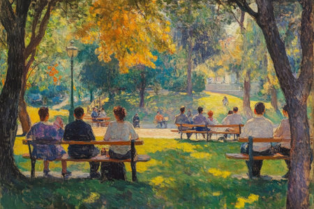 Groups of people sit on benches in a vibrant park, observing a lively gathering on a sunny day. The foliage displays stunning autumn colors throughout the scenery.の素材