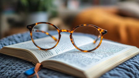 A young woman with glasses gazes intently at a book while resting her chin on its pages. She is surrounded by bookshelves filled with various titles in a warm, inviting library.の素材