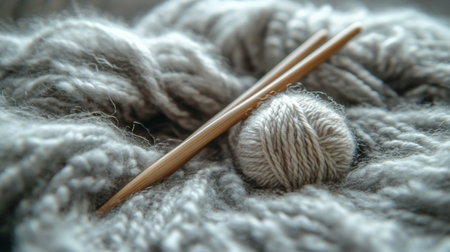 Soft blue blanket with intricate textures, showcasing knitting needles and two balls of yarn, ideal for crafting during a cozy afternoon or winter evening.の素材