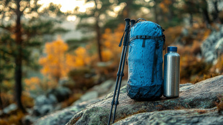 A blue hiking backpack rests on a large rock, accompanied by a water bottle and trekking poles, with vibrant autumn leaves in the background during the golden hour.の素材