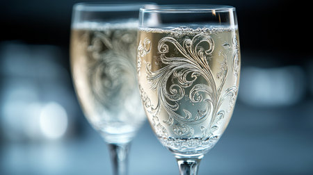 Two beautiful glasses filled with sparkling beverages showcase delicate engravings, capturing the atmosphere of celebration and joy at a lively event.の素材