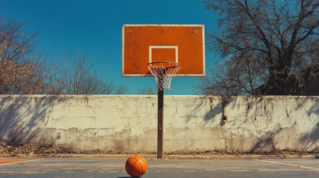 A vibrant orange basketball is captured mid-air as it floats above a textured concrete wall, with a bright blue sky creating a vivid backdrop.の素材