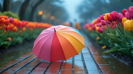 Vibrant tulips bloom in shades of pink and yellow while a red umbrella provides shelter from the rain, creating a picturesque garden atmosphere.の素材