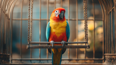 A vibrant parrot with bright yellow and orange feathers sits among lush green foliage in a tropical environment as the sun sets, casting a warm glow around.の素材