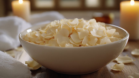 Rose petals fill a white bowl, resting on a soft towel in a calm, warmly lit environment. Candles flicker softly in the background, enhancing the tranquil vibe.の素材