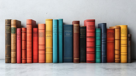 A stack of vintage books is neatly arranged on a marble surface. The colorful, worn covers and spines highlight their age and history in a stylish display.の素材