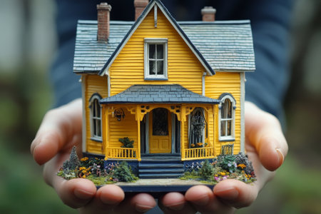 A delicate yellow house displays fine craftsmanship, held gently in hands. The miniature features ornamental designs and small trees, showcasing care and artistry.の素材