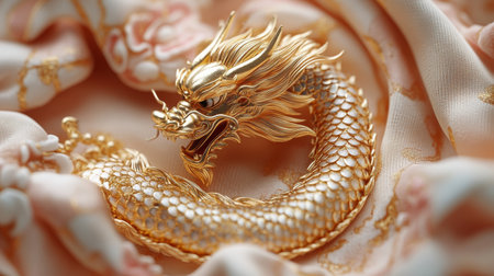 Detailed golden dragon sculpture positioned among blue textiles and pine cones creates a striking decorative display, combining art and nature in a unique composition.の素材