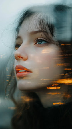 A woman gazes thoughtfully with intricate light streaks illuminating her features, enhancing the sense of depth and creativity. The warm hues create a visually striking effect.の素材