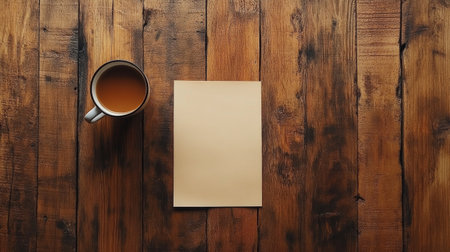 A warm and inviting workspace features a mug of coffee next to a blank sheet of paper on a wooden table, with sunlight streaming through the window and plants in the background.の素材