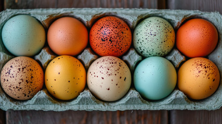 Colorful eggs in various shades and patterns are neatly arranged in a carton. Perfect for festive occasions or artistic decoration, these eggs showcase creativity and tradition.の素材