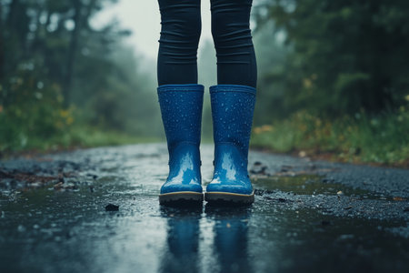A person wearing bright blue rubber boots stands in a puddle on a muddy forest trail. The mist hangs low among the trees, creating a serene atmosphere in the early morning light.の素材